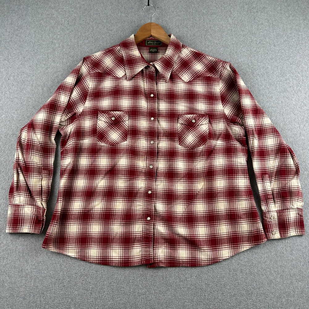 Eddie Bauer Button Up Womens XL Red Plaid Flannel Western Pearl Snap Shirt